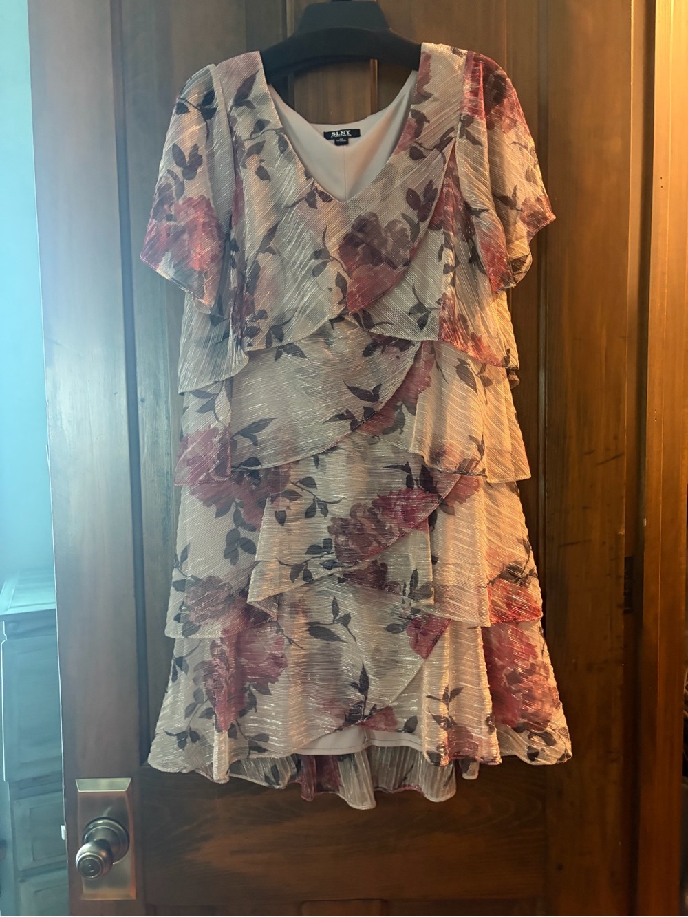 SLNY Cream Midi Dress with Rose Floral Print